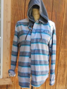Billabong Striped Hooded Shirt Jacket in Gray, Teal and Yellow